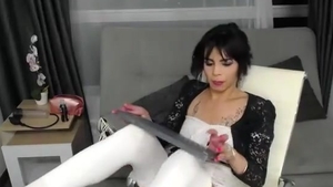 Thin Colombian teen tgirl In White nylons Strokes Her cock Online