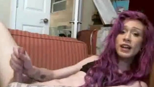 Thin Purple Hair shemale Cums Twice