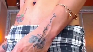 slim latina Transgirl With Tattoos Jerks Off Her large cock