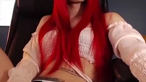 Redhaired Colombian skinny ladyboy In underware Wanks Off Her large Shaft On cam